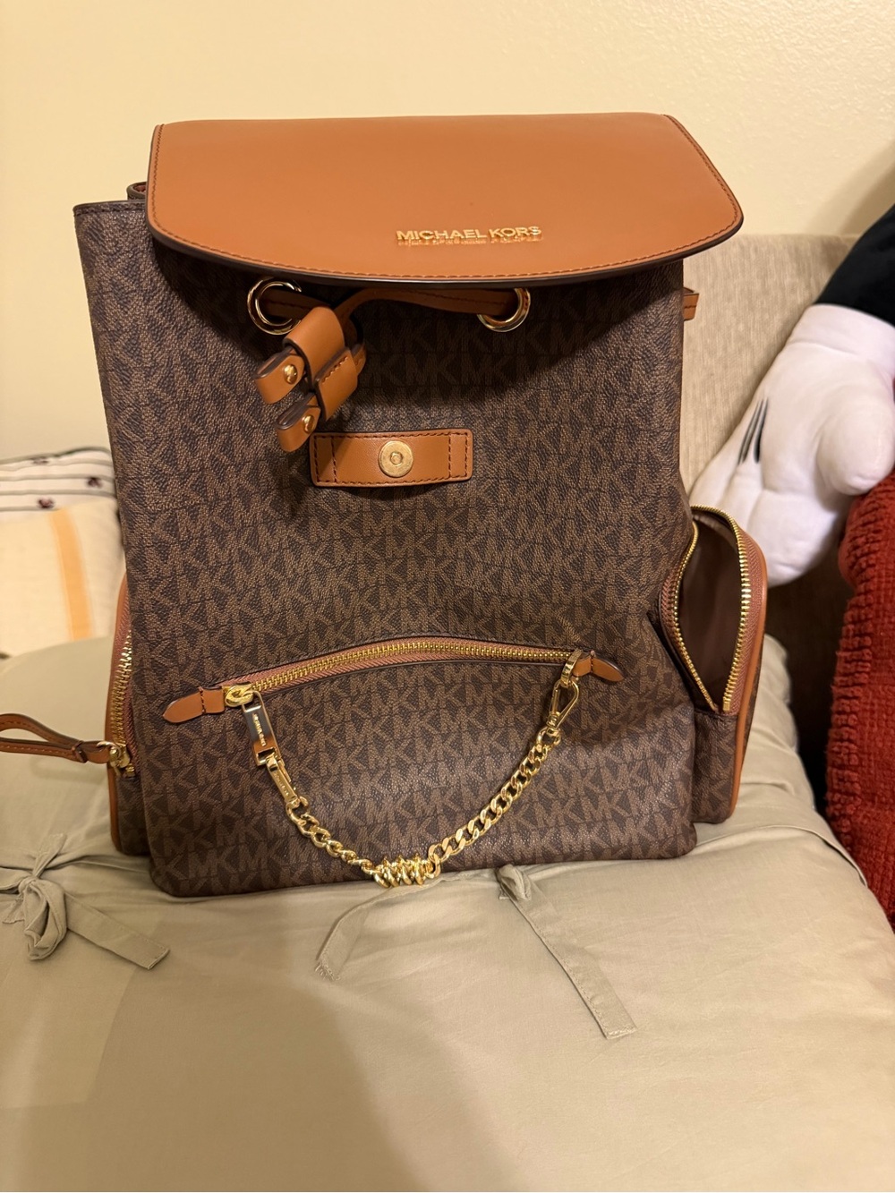 Michael Kors Brown/Tan Signature MK Monogram Backpack with Gold Chain